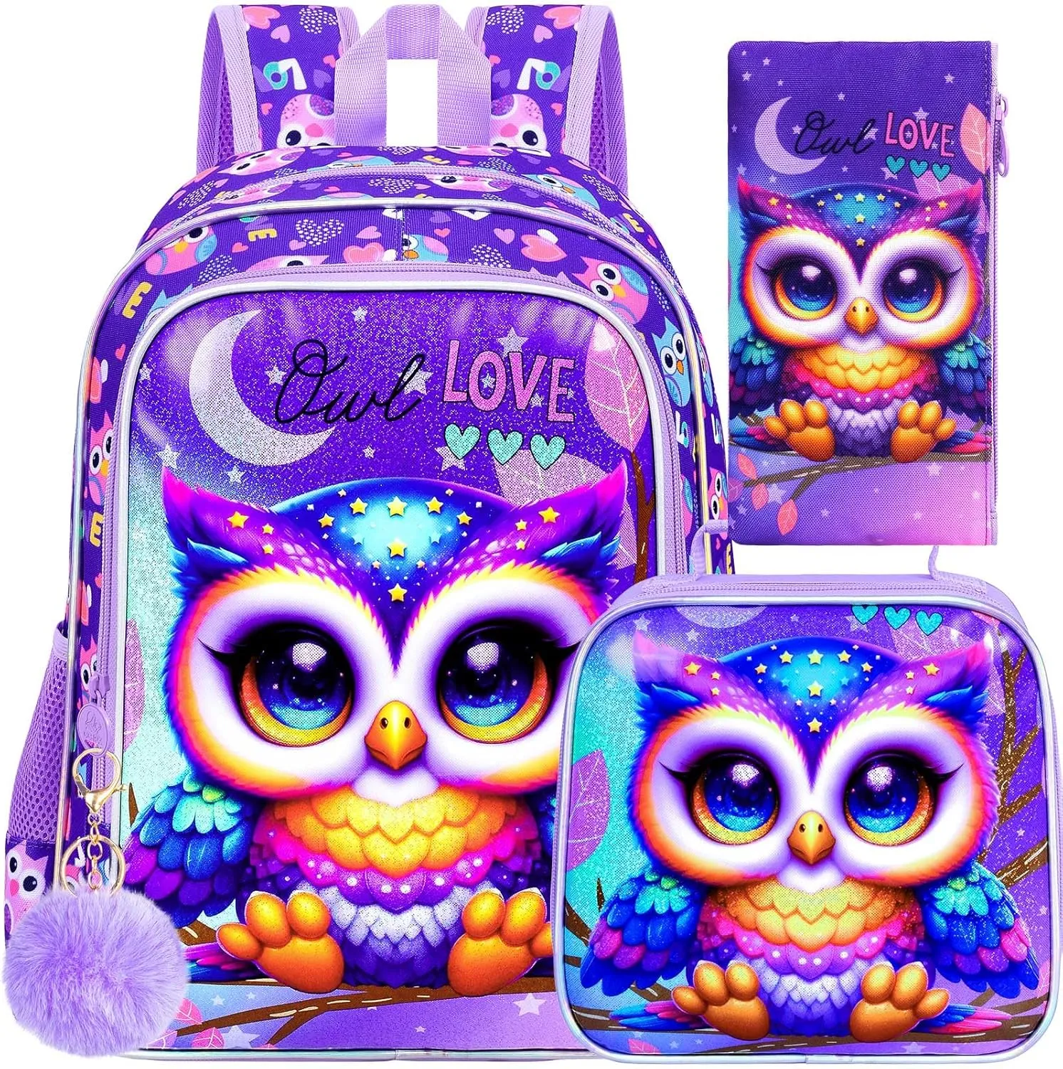 CCJPX 3PCS Kids Backpack for Girls, 16”Owl Bookbag with Lunch Box, Cute Water Resistant Elementary School Bag for Kindergarten Preschool Toddler