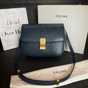 Celine Blue Snakeskin Box Tofu Shoulder Bag