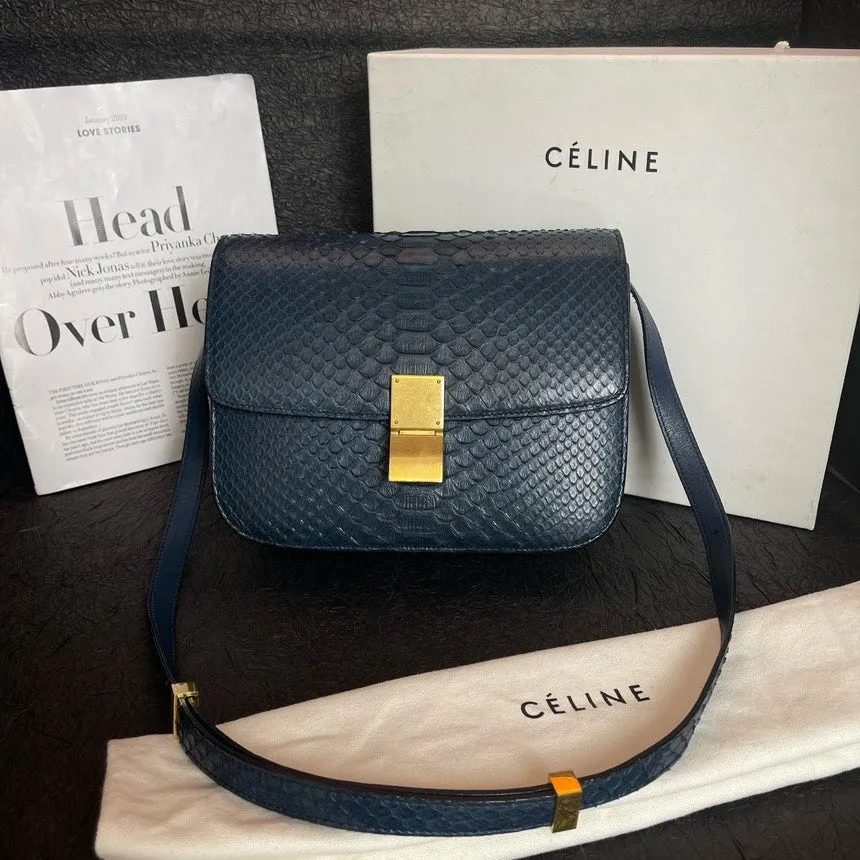 Celine Blue Snakeskin Box Tofu Shoulder Bag