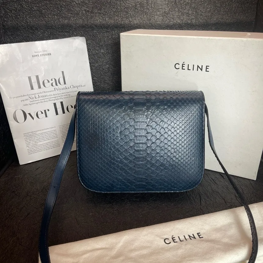 Celine Blue Snakeskin Box Tofu Shoulder Bag
