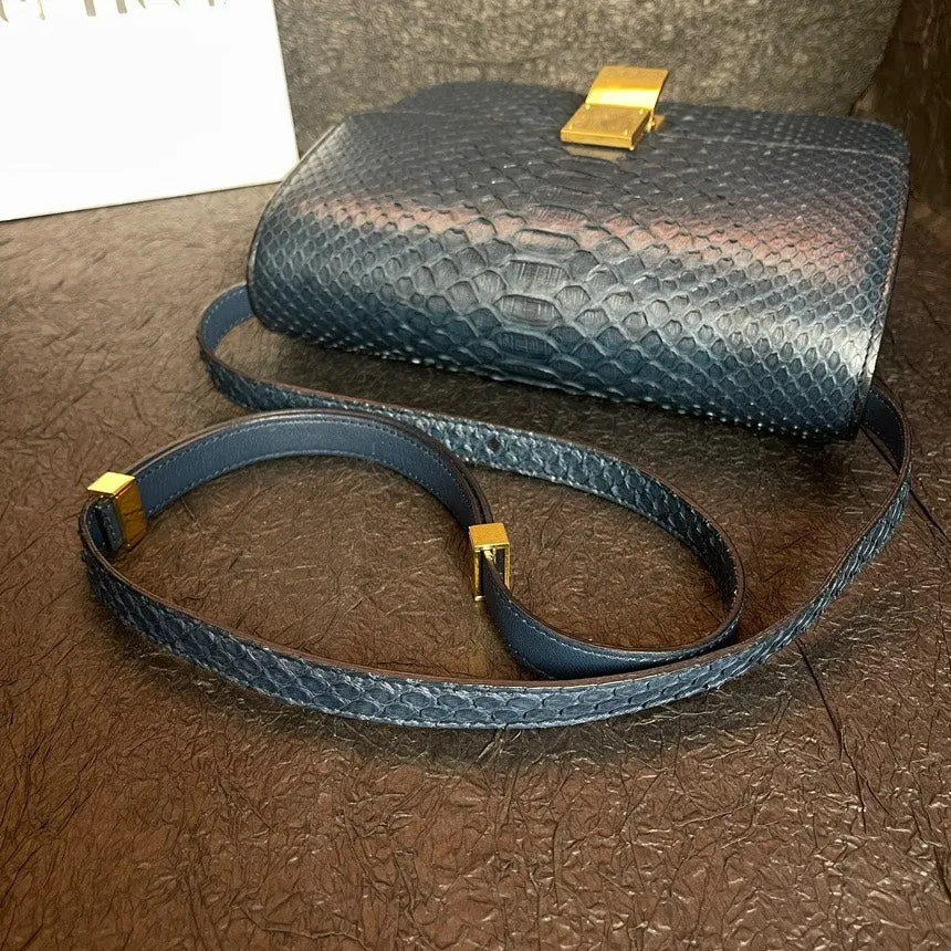 Celine Blue Snakeskin Box Tofu Shoulder Bag