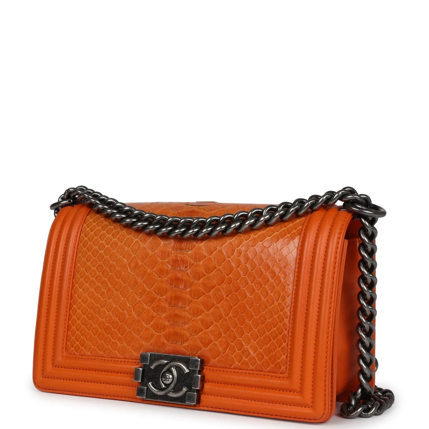 Chanel Medium Boy Bag Orange Python Aged Ruthenium Hardware