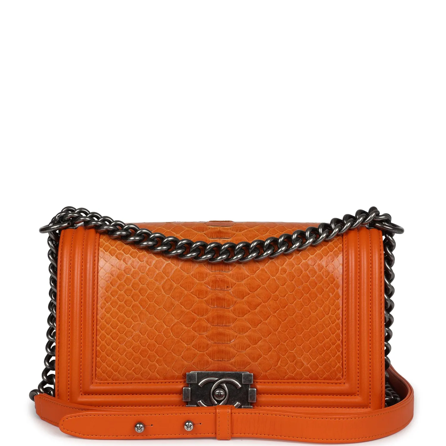 Chanel Medium Boy Bag Orange Python Aged Ruthenium Hardware