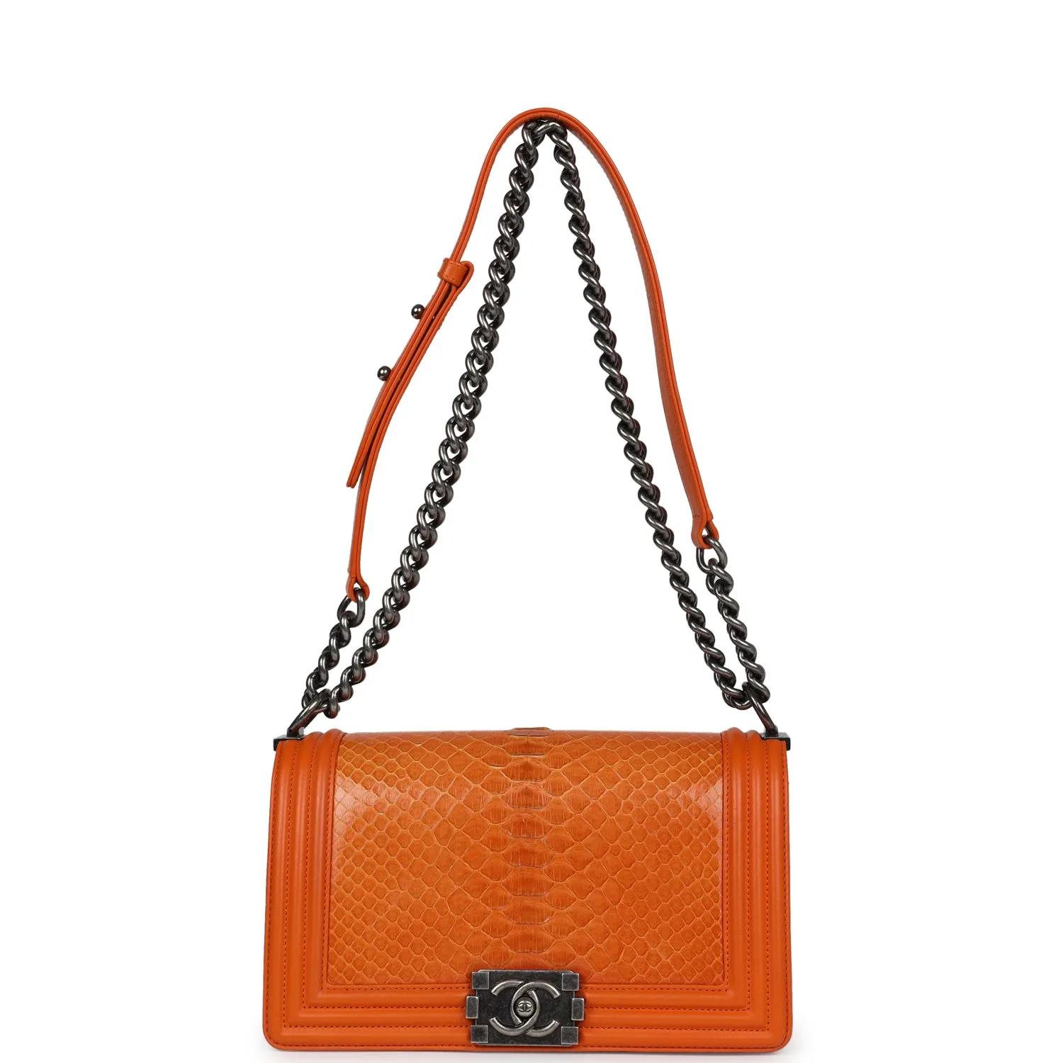 Chanel Medium Boy Bag Orange Python Aged Ruthenium Hardware