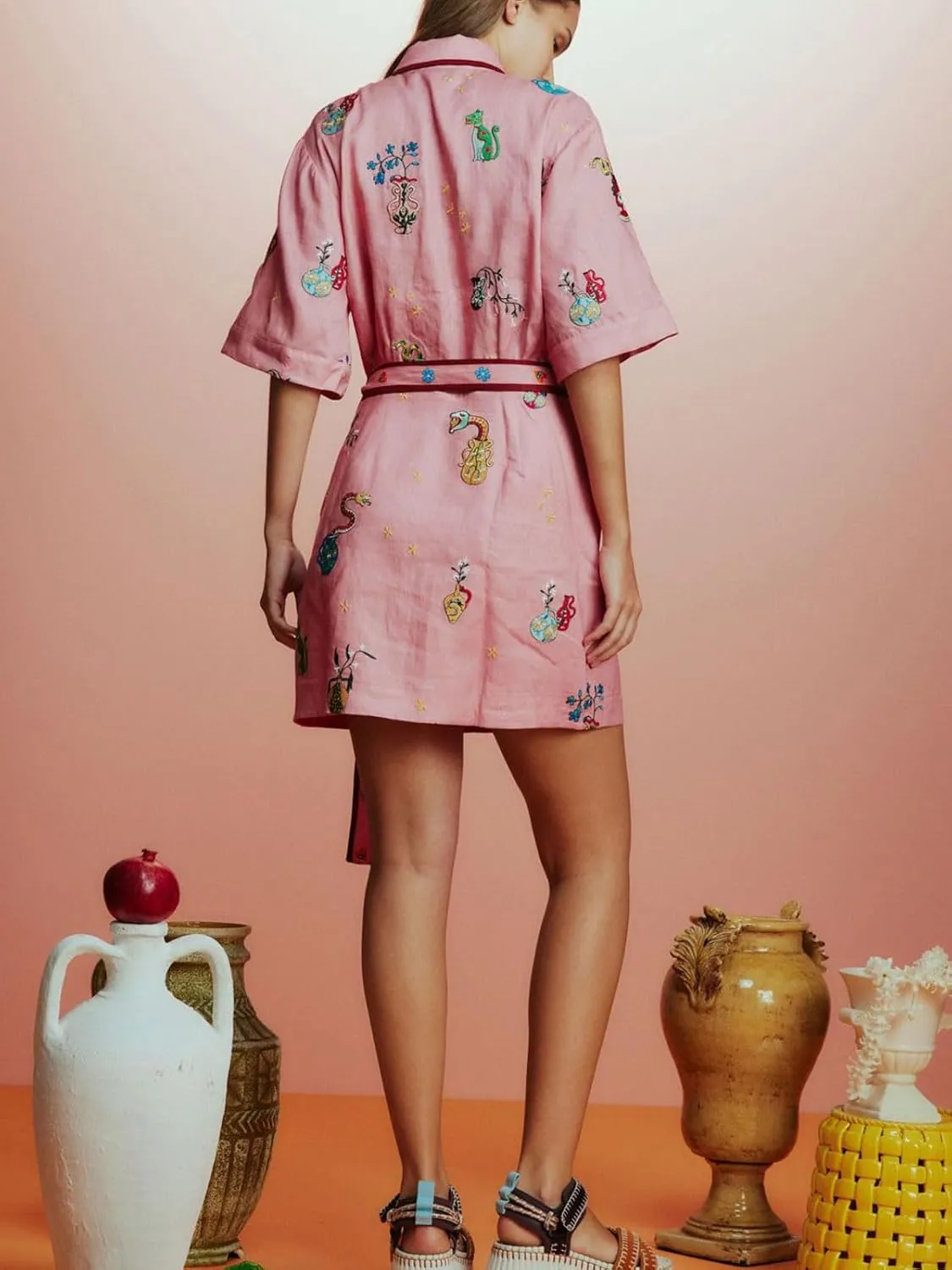 CHARTOU Women's Button Shirt Dress Floral Short Sleeve Lapel Collar Tie Knot Linen A Line Dress with Pockets