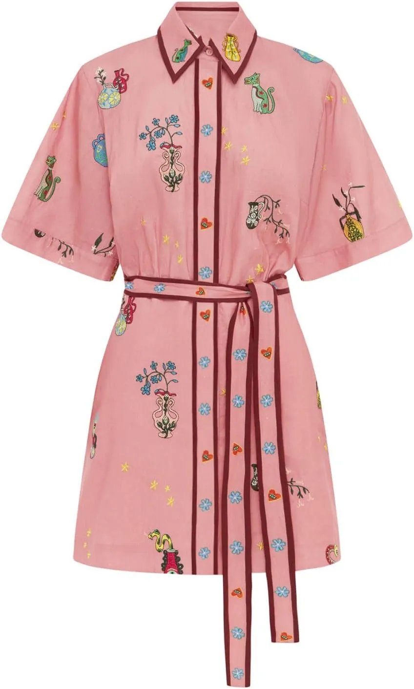 CHARTOU Women's Button Shirt Dress Floral Short Sleeve Lapel Collar Tie Knot Linen A Line Dress with Pockets