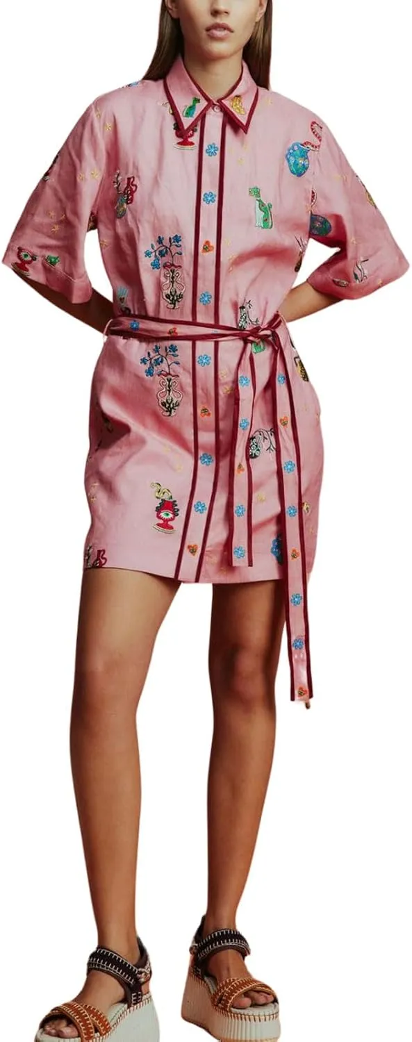 CHARTOU Women's Button Shirt Dress Floral Short Sleeve Lapel Collar Tie Knot Linen A Line Dress with Pockets