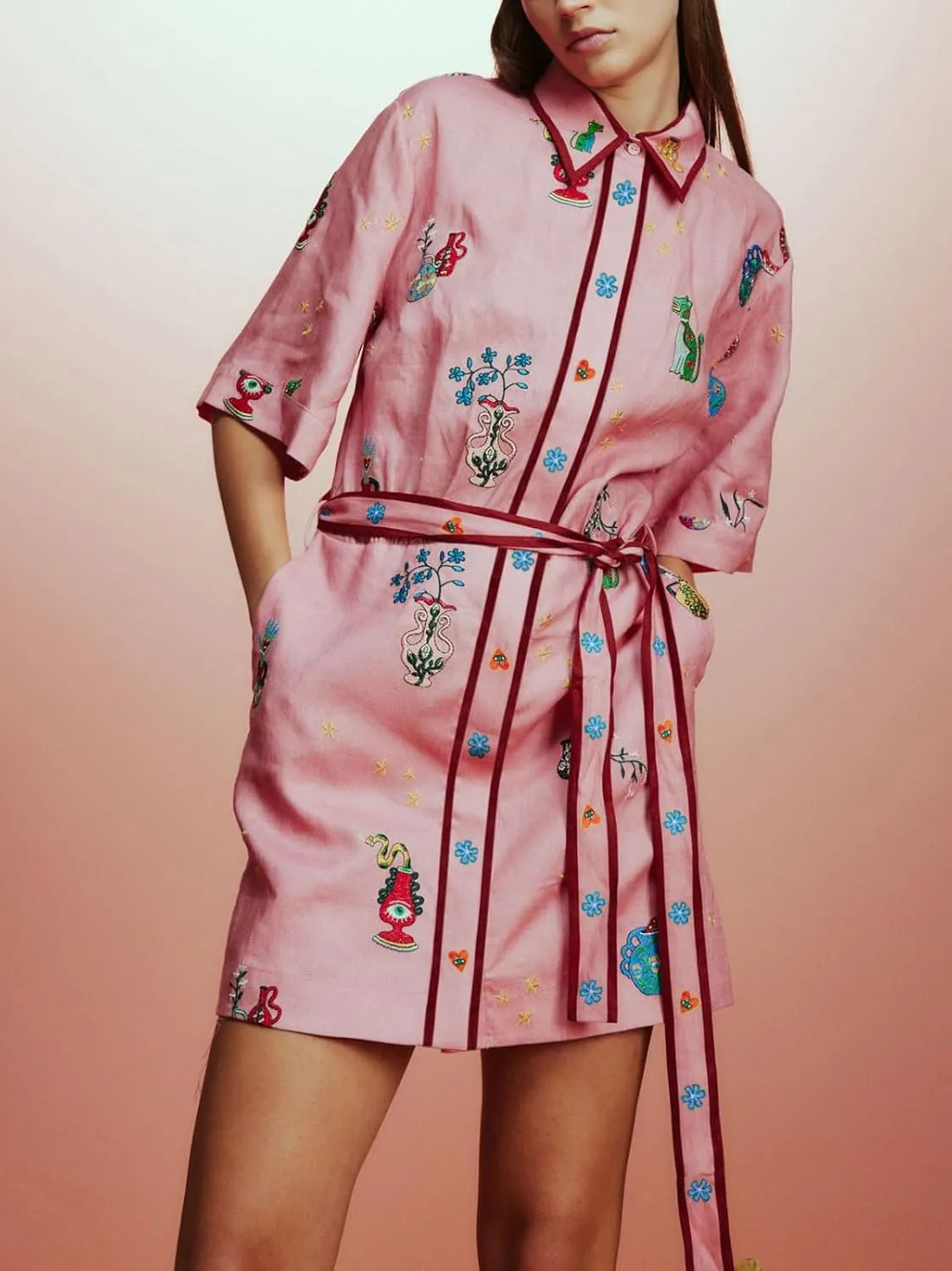 CHARTOU Women's Button Shirt Dress Floral Short Sleeve Lapel Collar Tie Knot Linen A Line Dress with Pockets
