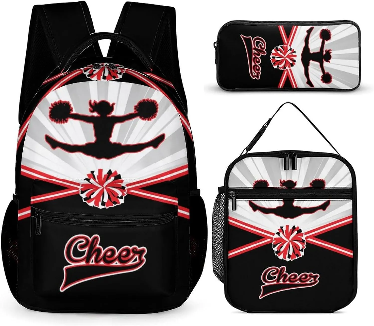 Cheerleading Backpack with Lunch Box & Pencil Case, 16 Inch Cute Cheer Themed Bookbag, Adjustable Lightweight Large Capacity, Colorful Daily Casual Backpacks Set with Lunch Bag