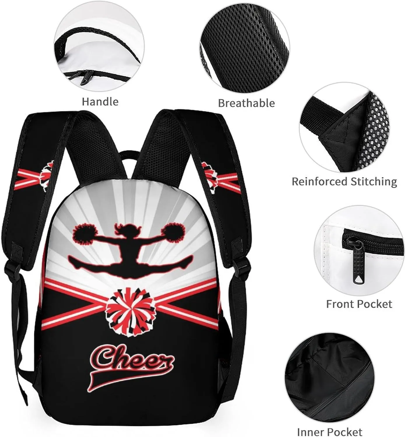 Cheerleading Backpack with Lunch Box & Pencil Case, 16 Inch Cute Cheer Themed Bookbag, Adjustable Lightweight Large Capacity, Colorful Daily Casual Backpacks Set with Lunch Bag