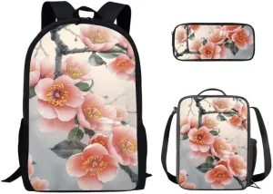 Chinese Plum Blossom Kids Backpack with Lunch Bag and Pencil Case Red Pink Plum Flower Casual Backpacks for Elementary Student Chinoiserie Ink Wash Floral Lightweight School Book Bag