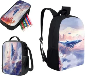 Chinoiserie Whale Mountian Designed Boys Kids Teens Backpack Set Chinese Landspace 3 Pcs Bags with Lunch Box and Pencil Case for School Sport Travel