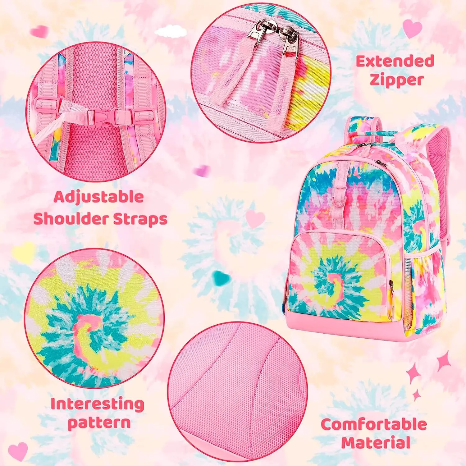 Choco Mocha Tie Dye Backpack for Girls, Kids School Backpacks Girls Backpacks Ages 6-8, Kindergarten Bookbag Girl Elementary School Bag 17 Inch, Colorful