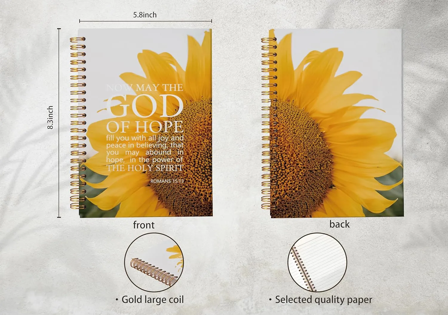 Christian Sunflower Notebook Journal, Bible Journaling Notebook, Gratitude Prayer Journal Notebook, Inspirational Christian Gifts for Women, Romans 15:13, Spiral Bound 5.5x8.3