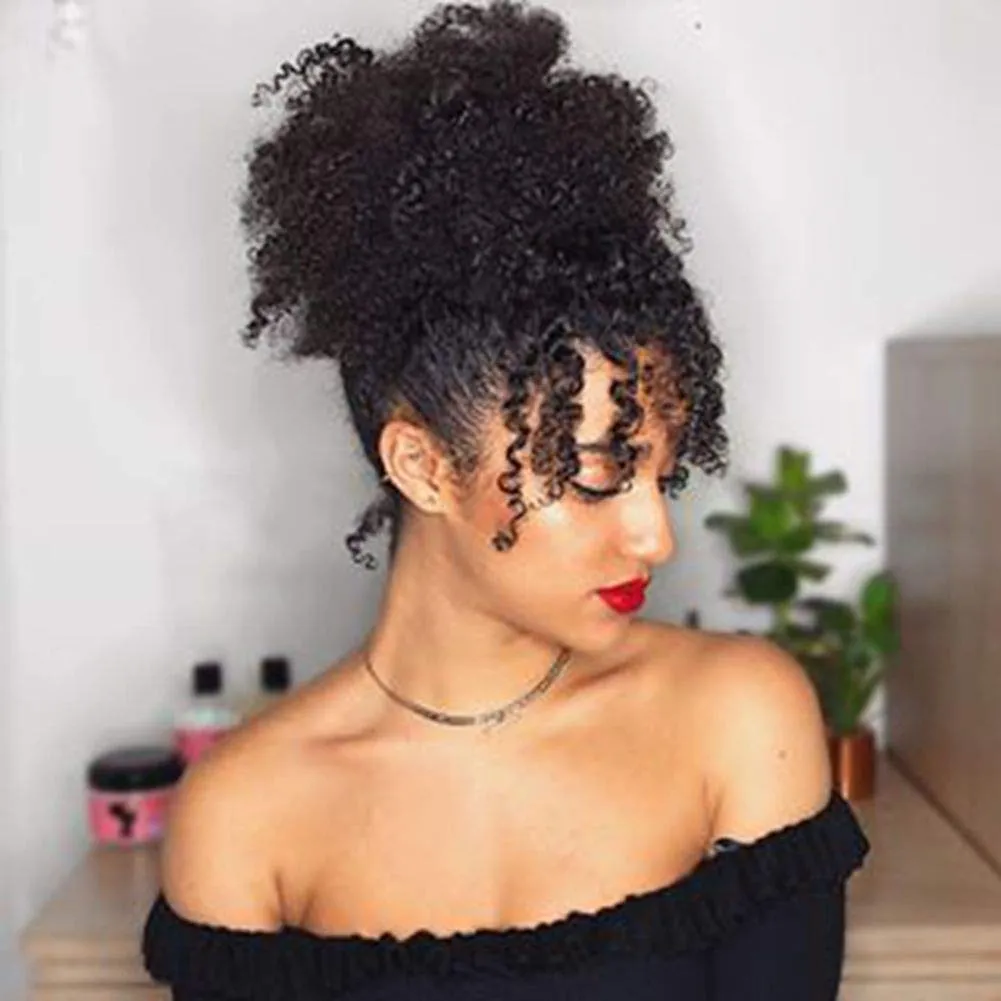 CINHOO Afro High Puff Hair Bun Black Ponytail Drawstring With Bangs Synthetic Short Kinkys Curly Pineapple Pony Tail Clip in on Wrap Updo Hair Extensions for African American Women (1B)