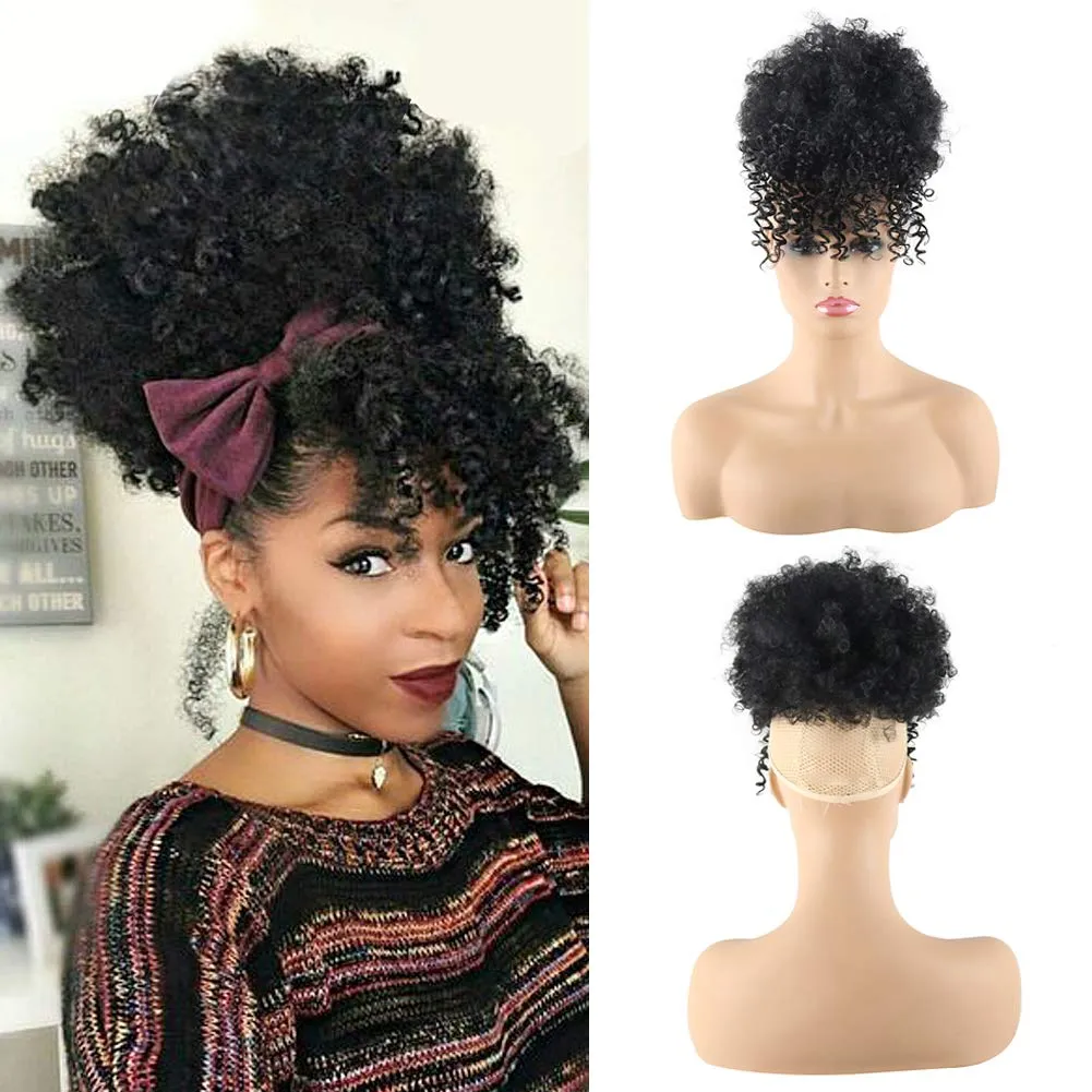 CINHOO Afro High Puff Hair Bun Black Ponytail Drawstring With Bangs Synthetic Short Kinkys Curly Pineapple Pony Tail Clip in on Wrap Updo Hair Extensions for African American Women (1B)