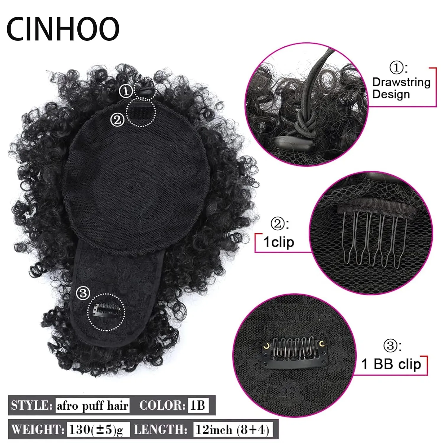 CINHOO Afro High Puff Hair Bun Black Ponytail Drawstring With Bangs Synthetic Short Kinkys Curly Pineapple Pony Tail Clip in on Wrap Updo Hair Extensions for African American Women (1B)