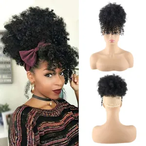 CINHOO Afro High Puff Hair Bun Black Ponytail Drawstring With Bangs Synthetic Short Kinkys Curly Pineapple Pony Tail Clip in on Wrap Updo Hair Extensions for African American Women (1B)