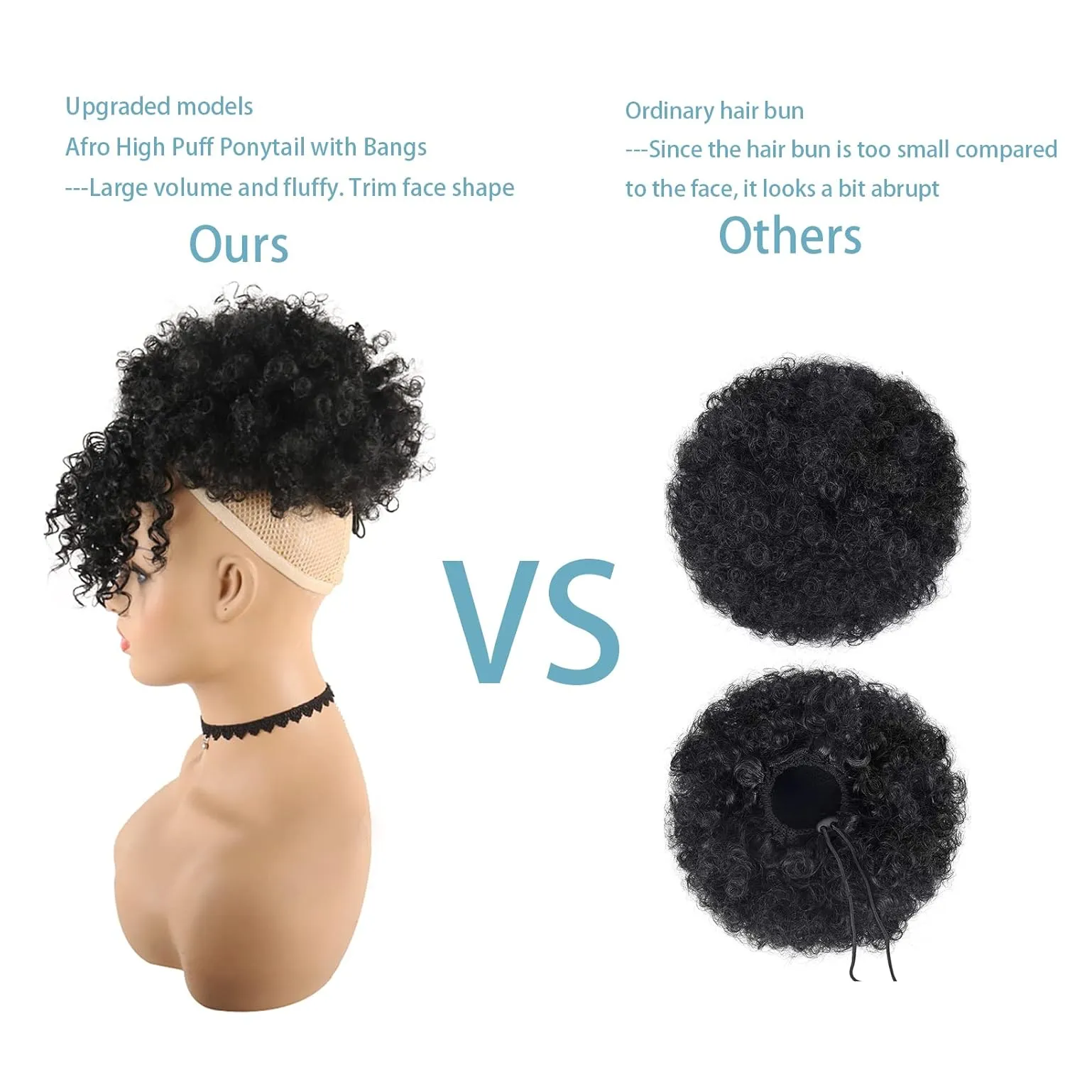 CINHOO Afro High Puff Hair Bun Black Ponytail Drawstring With Bangs Synthetic Short Kinkys Curly Pineapple Pony Tail Clip in on Wrap Updo Hair Extensions for African American Women (1B)