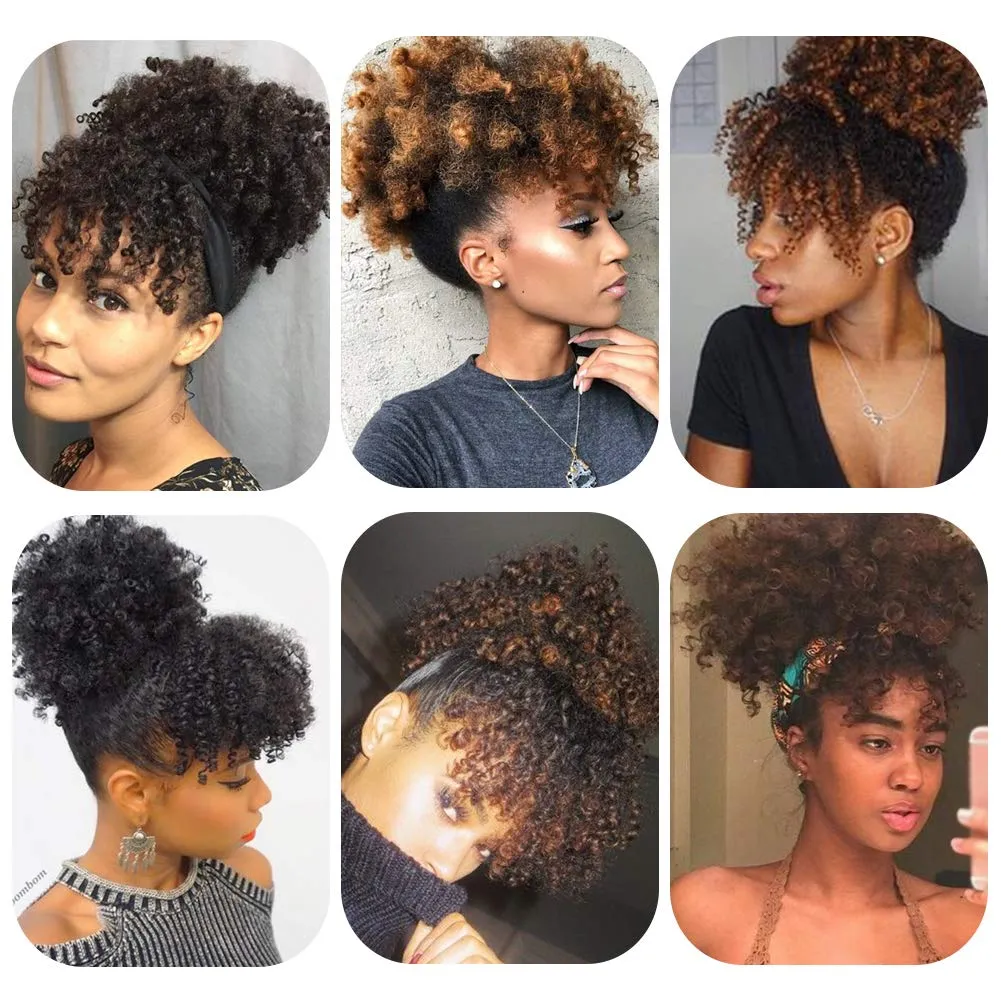 CINHOO Afro High Puff Hair Bun Black Ponytail Drawstring With Bangs Synthetic Short Kinkys Curly Pineapple Pony Tail Clip in on Wrap Updo Hair Extensions for African American Women (1B)