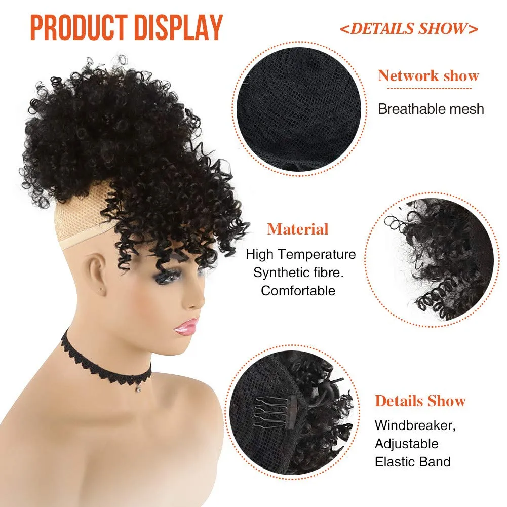 CINHOO Afro High Puff Hair Bun Black Ponytail Drawstring With Bangs Synthetic Short Kinkys Curly Pineapple Pony Tail Clip in on Wrap Updo Hair Extensions for African American Women (1B)