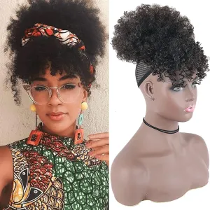 CINHOO Afro High Puff Hair Bun Black Ponytail Wig with Bangs Synthetic Short Kinkys Curly Pineapple Pony Tail Clip in on Wrap Updo Hair Extensions for African American Women Natural Black Hair(2##)