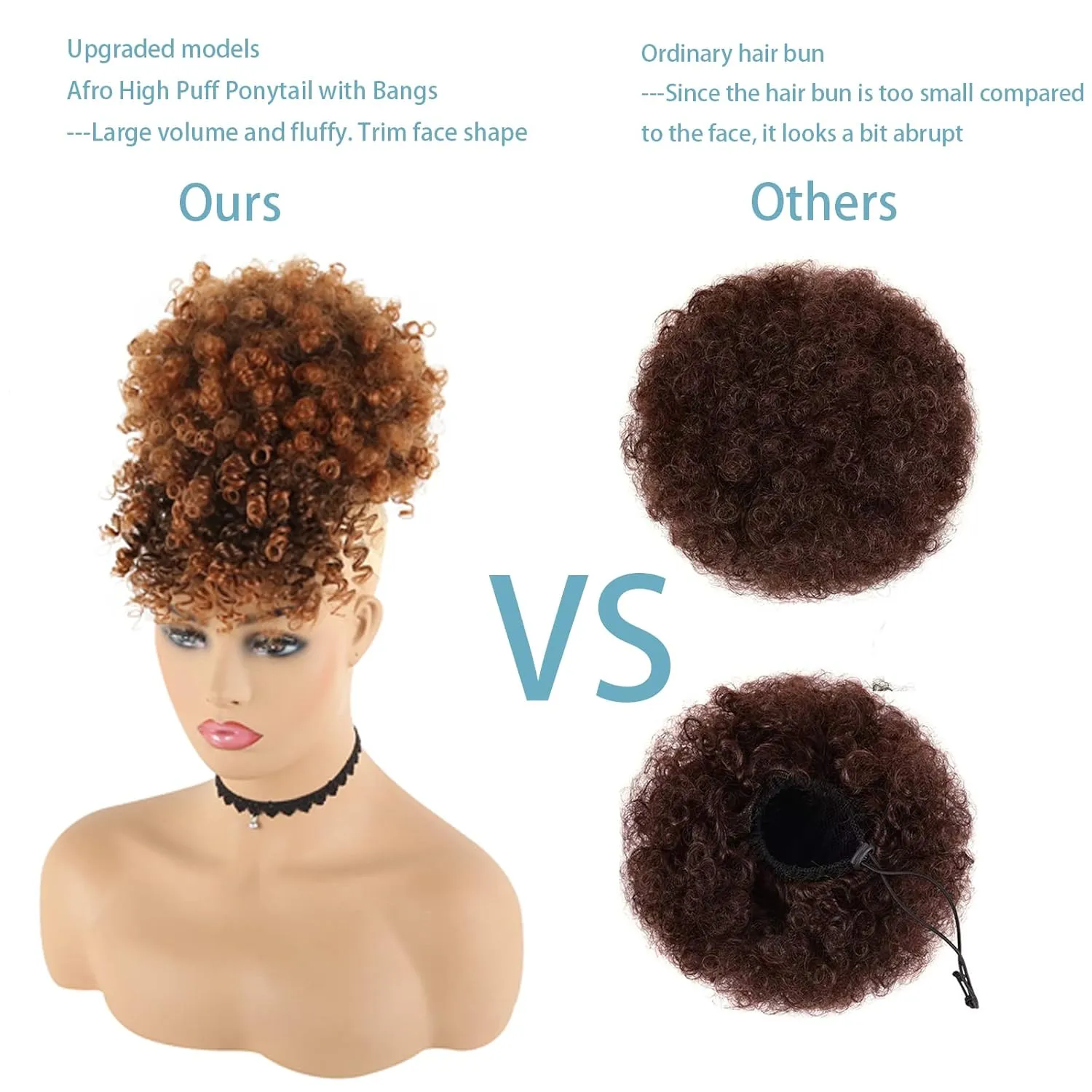 CINHOO Afro High Puff Hair Bun Drawstring Ponytail With Bangs Synthetic Brown Ponytail Wigs Short Curly Weave Pineapple Pony Tail Clip in Wrap Updo Pontail Extensions for Black Women(T1B/30)