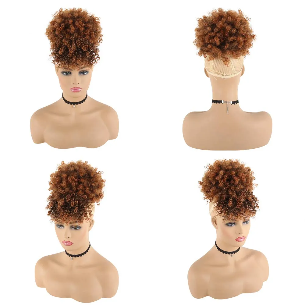 CINHOO Afro High Puff Hair Bun Drawstring Ponytail With Bangs Synthetic Brown Ponytail Wigs Short Curly Weave Pineapple Pony Tail Clip in Wrap Updo Pontail Extensions for Black Women(T1B/30)