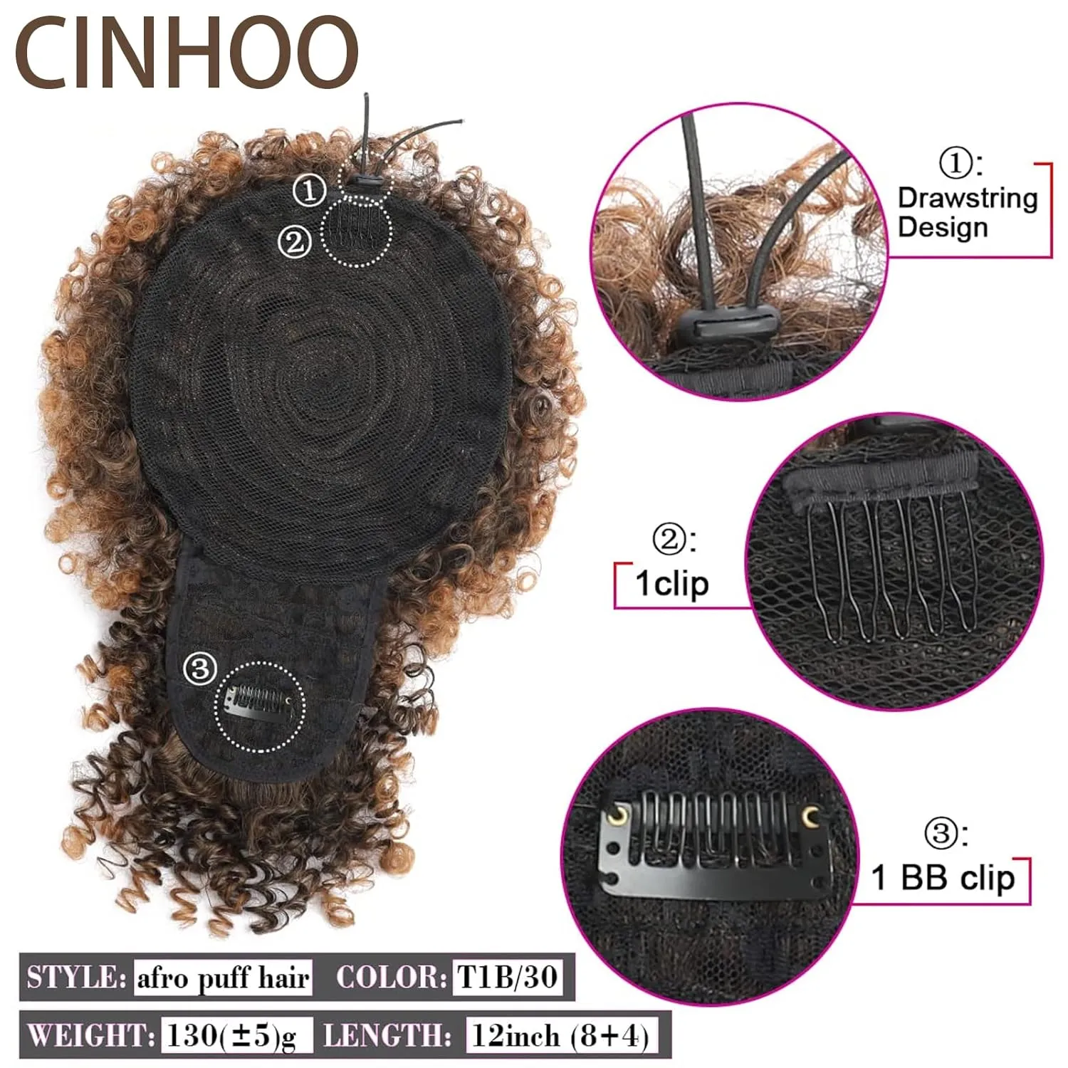 CINHOO Afro High Puff Hair Bun Drawstring Ponytail With Bangs Synthetic Brown Ponytail Wigs Short Curly Weave Pineapple Pony Tail Clip in Wrap Updo Pontail Extensions for Black Women(T1B/30)