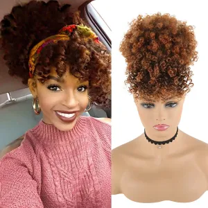 CINHOO Afro High Puff Hair Bun Drawstring Ponytail With Bangs Synthetic Brown Ponytail Wigs Short Curly Weave Pineapple Pony Tail Clip in Wrap Updo Pontail Extensions for Black Women(T1B/30)