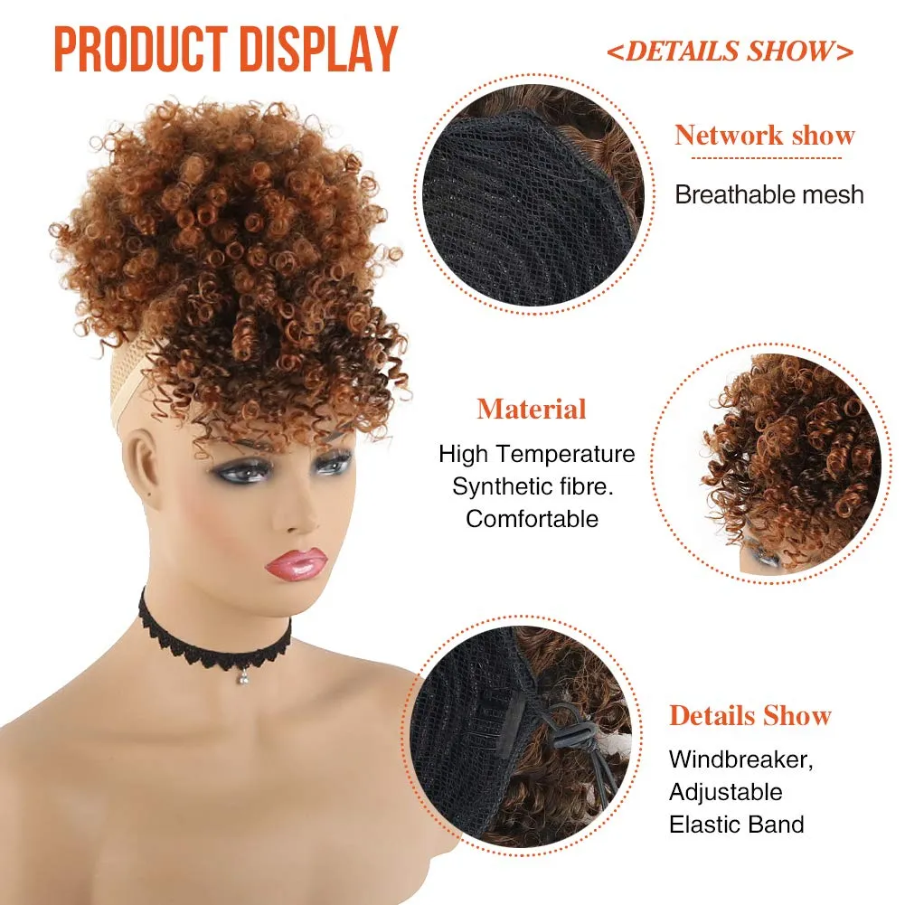 CINHOO Afro High Puff Hair Bun Drawstring Ponytail With Bangs Synthetic Brown Ponytail Wigs Short Curly Weave Pineapple Pony Tail Clip in Wrap Updo Pontail Extensions for Black Women(T1B/30)