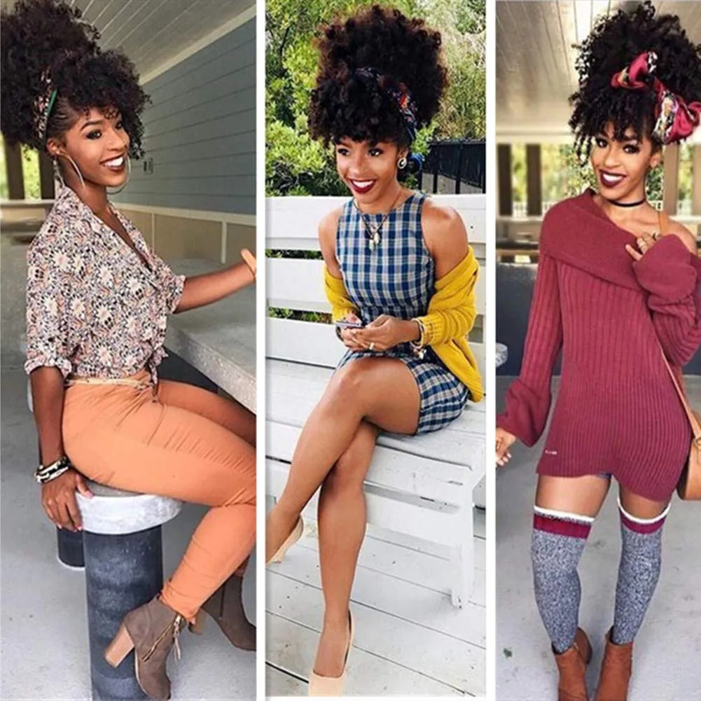 CINHOO Afro High Puff Hair Bun Drawstring Ponytail With Bangs Synthetic Brown Ponytail Wigs Short Curly Weave Pineapple Pony Tail Clip in Wrap Updo Pontail Extensions for Black Women(T1B/30)
