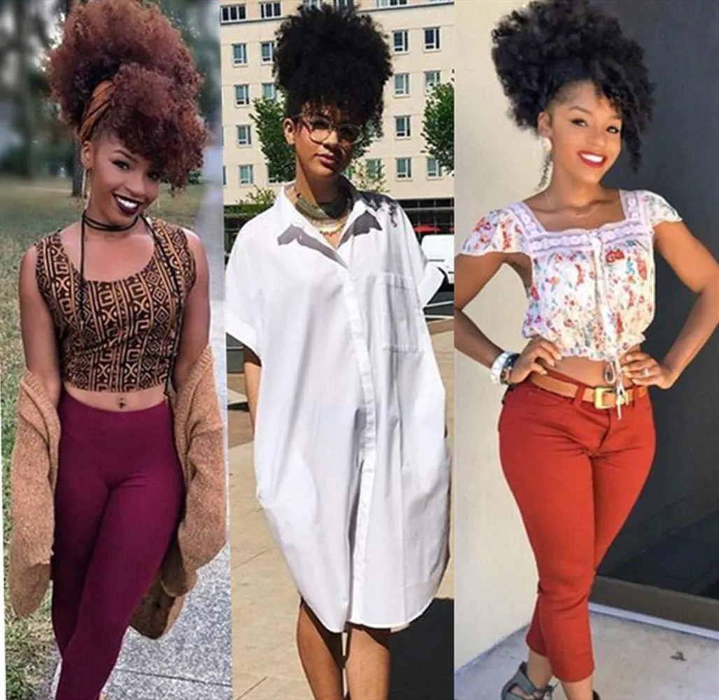 CINHOO Afro High Puff Hair Bun Ponytail Drawstring With Bangs Synthetic Short Kinkys Curly Pineapple Pony Tail Clip in on Wrap Updo Hair Extensions for African American Women (Black)
