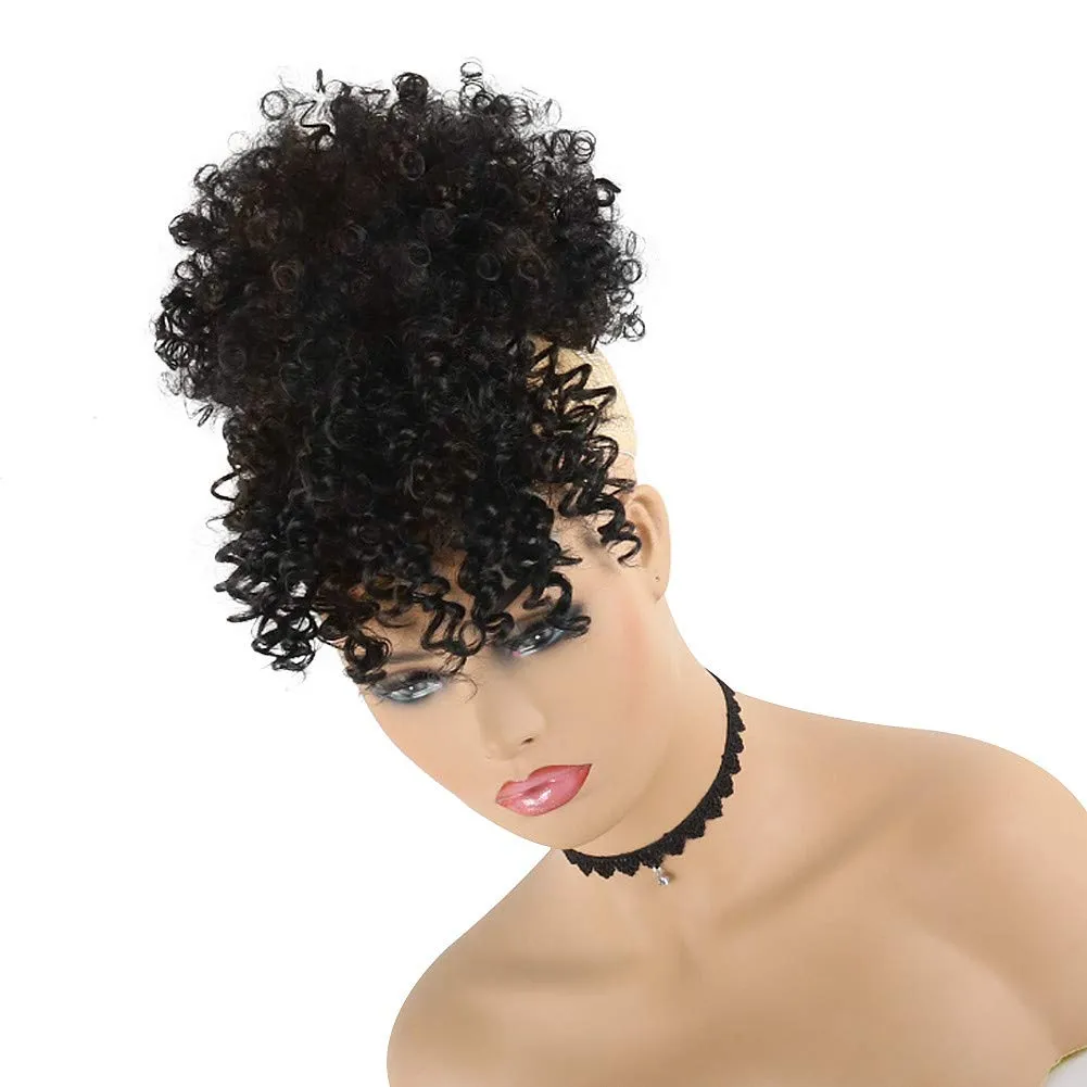 CINHOO Afro High Puff Hair Bun Ponytail Drawstring With Bangs Synthetic Short Kinkys Curly Pineapple Pony Tail Clip in on Wrap Updo Hair Extensions for African American Women (Black)