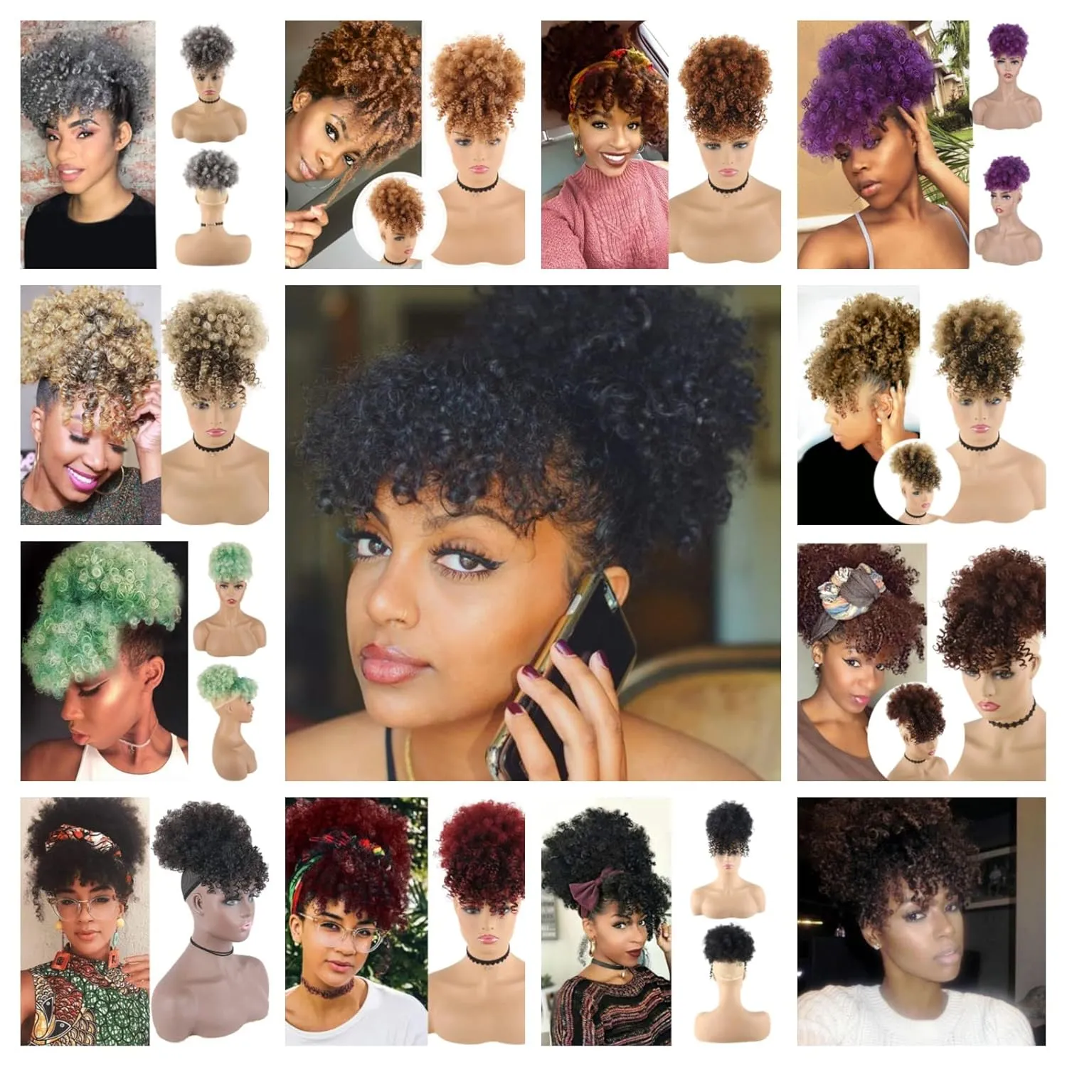 CINHOO Afro High Puff Hair Bun Ponytail Drawstring With Bangs Synthetic Short Kinkys Curly Pineapple Pony Tail Clip in on Wrap Updo Hair Extensions for African American Women (Black)