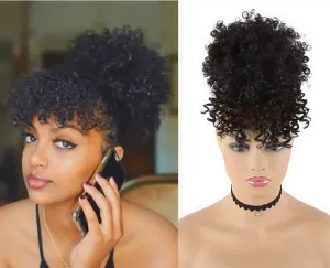 CINHOO Afro High Puff Hair Bun Ponytail Drawstring With Bangs Synthetic Short Kinkys Curly Pineapple Pony Tail Clip in on Wrap Updo Hair Extensions for African American Women (Black)