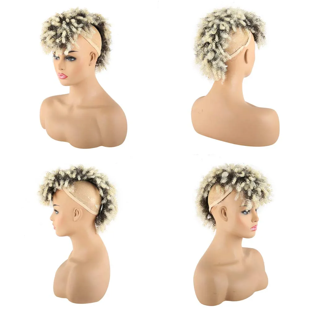 CINHOO Brown Highlights Mohawk Wig Jerry Curls High Puff Hair Bun Ponytail Drawstring With Bangs Synthetic blonde Fauxhawks Kinkys Curly Ponytail Clip in on Wrap Updo Hair Extensions for Women(T4/613)