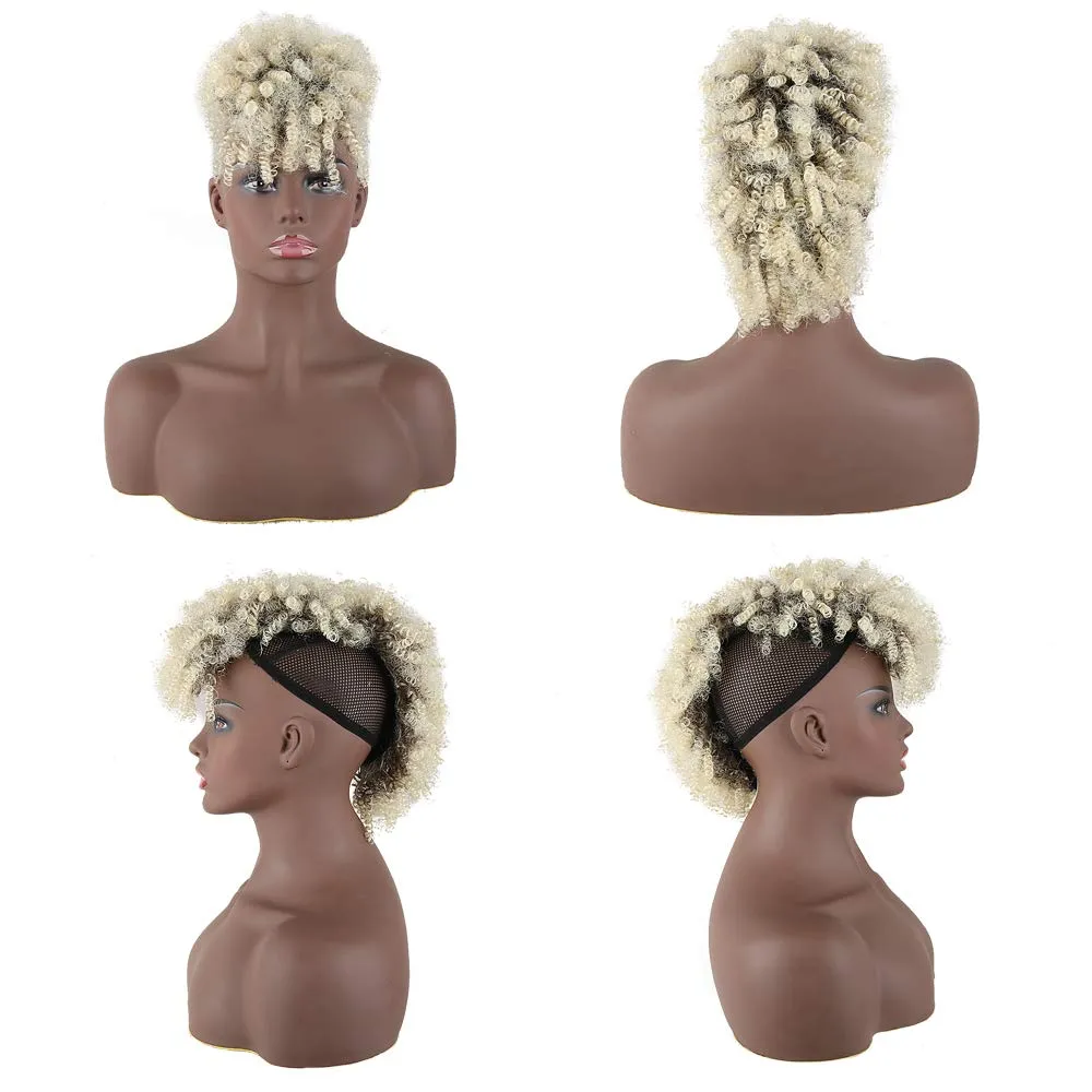 CINHOO Brown Highlights Mohawk Wig Jerry Curls High Puff Hair Bun Ponytail Drawstring With Bangs Synthetic blonde Fauxhawks Kinkys Curly Ponytail Clip in on Wrap Updo Hair Extensions for Women(T4/613)