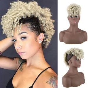 CINHOO Brown Highlights Mohawk Wig Jerry Curls High Puff Hair Bun Ponytail Drawstring With Bangs Synthetic blonde Fauxhawks Kinkys Curly Ponytail Clip in on Wrap Updo Hair Extensions for Women(T4/613)