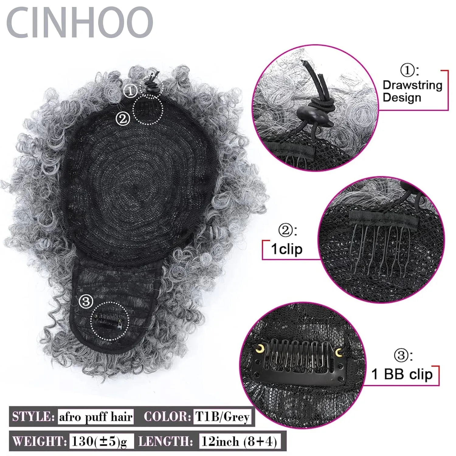 CINHOO Coily Hair Ponytail Afro High Puff Hair Bun Ponytail Drawstring With Bangs Synthetic Short Kinkys Curly Pineapple Pony Tail Clip in on Wrap Updo Salt and Pepper Ponytail for Women (Gary)