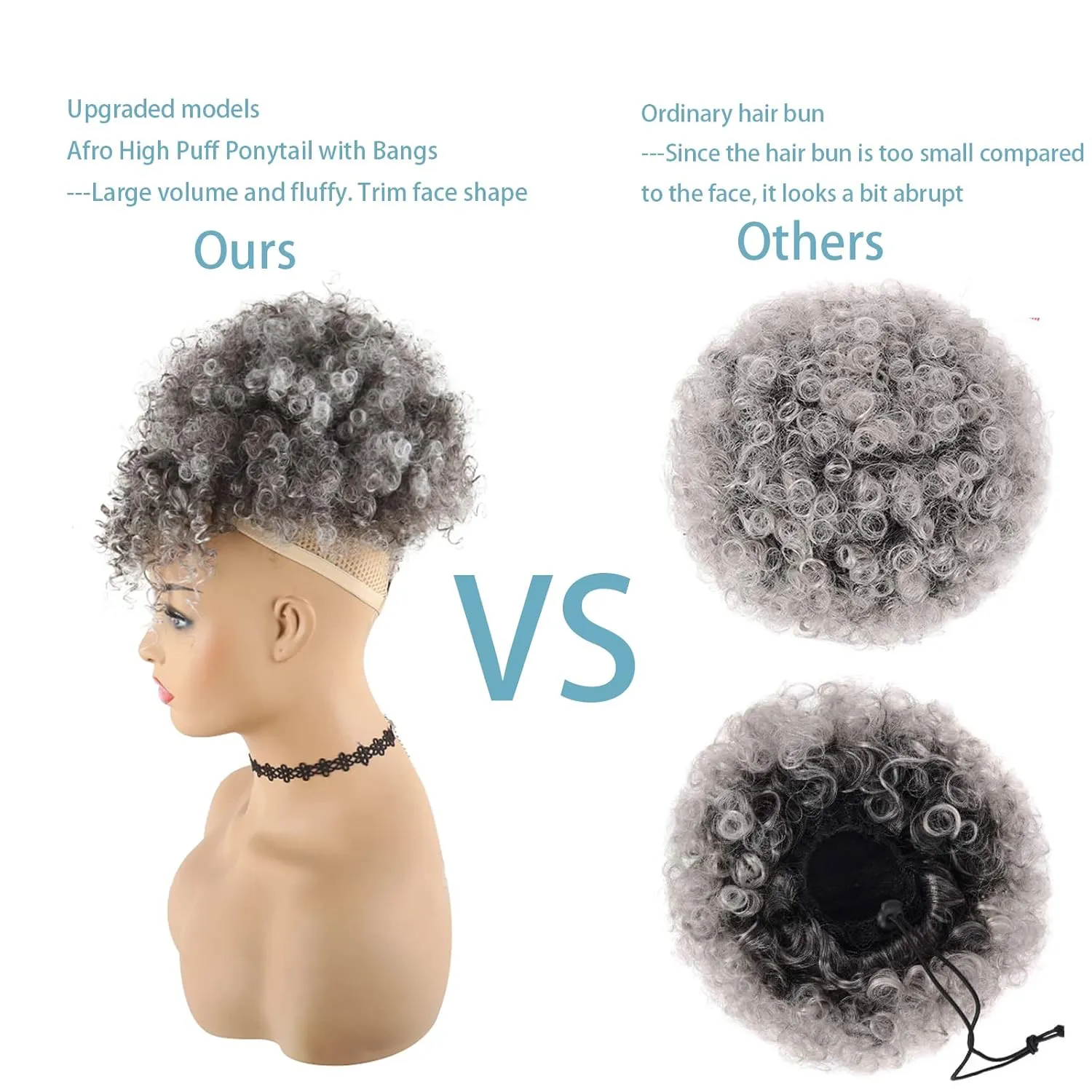CINHOO Coily Hair Ponytail Afro High Puff Hair Bun Ponytail Drawstring With Bangs Synthetic Short Kinkys Curly Pineapple Pony Tail Clip in on Wrap Updo Salt and Pepper Ponytail for Women (Gary)