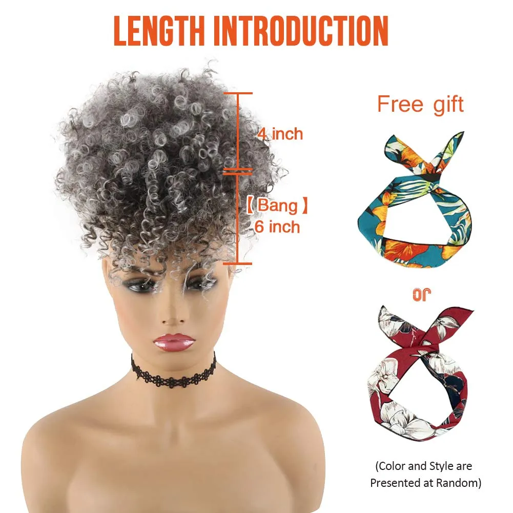 CINHOO Coily Hair Ponytail Afro High Puff Hair Bun Ponytail Drawstring With Bangs Synthetic Short Kinkys Curly Pineapple Pony Tail Clip in on Wrap Updo Salt and Pepper Ponytail for Women (Gary)