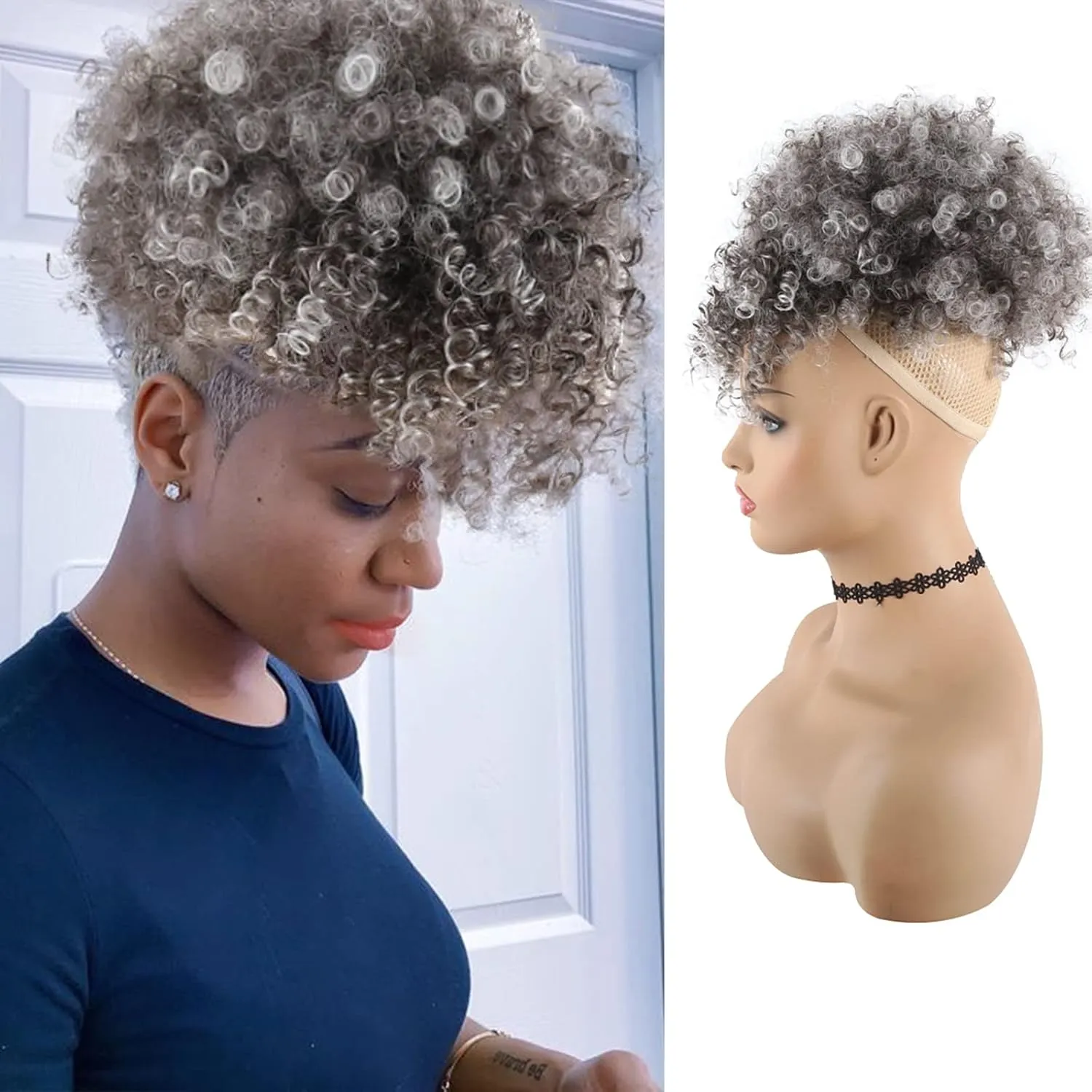 CINHOO Coily Hair Ponytail Afro High Puff Hair Bun Ponytail Drawstring With Bangs Synthetic Short Kinkys Curly Pineapple Pony Tail Clip in on Wrap Updo Salt and Pepper Ponytail for Women (Gary)