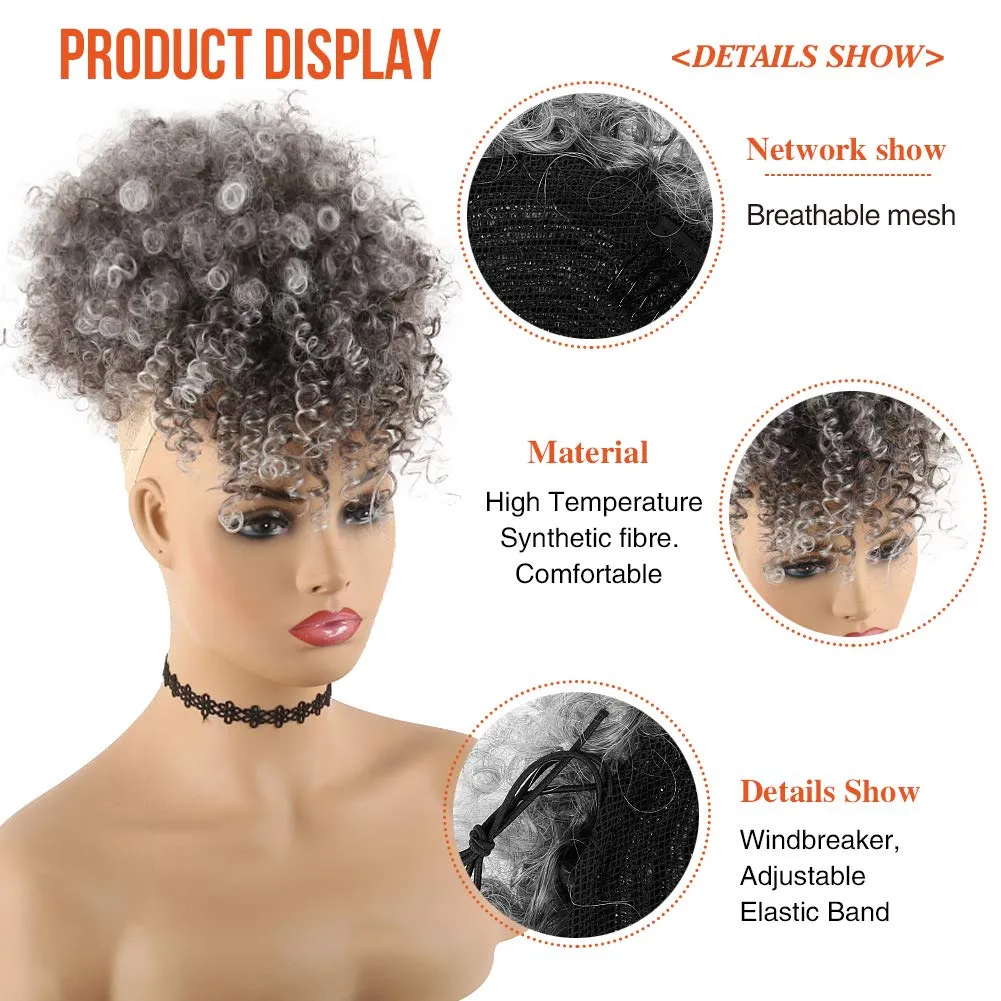 CINHOO Coily Hair Ponytail Afro High Puff Hair Bun Ponytail Drawstring With Bangs Synthetic Short Kinkys Curly Pineapple Pony Tail Clip in on Wrap Updo Salt and Pepper Ponytail for Women (Gary)