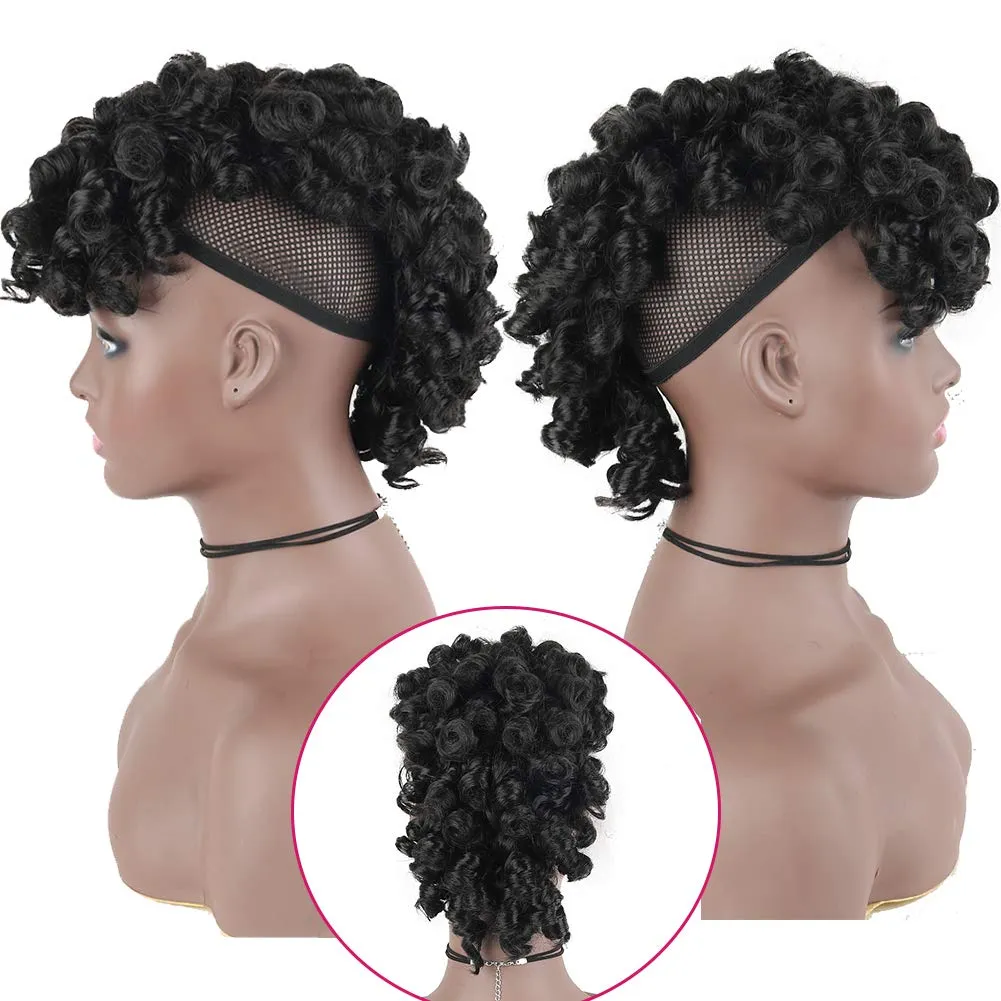 CINHOO Deep Curly Black Mohawk Ponytail Wigs for Black Women,Afro Puff with Bangs Faux Mohawk Hair Piece Black Women Natural Black Clip in Mohawk Hair Wigs for Woman with 6 Clips (1B#)