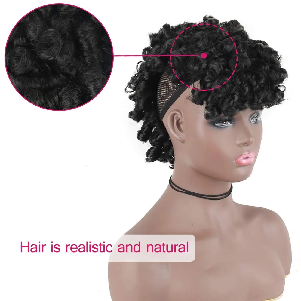 CINHOO Deep Curly Black Mohawk Ponytail Wigs for Black Women,Afro Puff with Bangs Faux Mohawk Hair Piece Black Women Natural Black Clip in Mohawk Hair Wigs for Woman with 6 Clips (1B#)