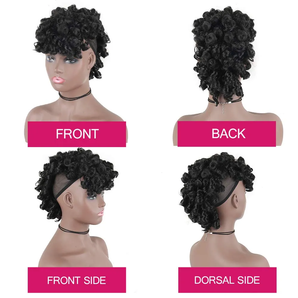CINHOO Deep Curly Black Mohawk Ponytail Wigs for Black Women,Afro Puff with Bangs Faux Mohawk Hair Piece Black Women Natural Black Clip in Mohawk Hair Wigs for Woman with 6 Clips (1B#)