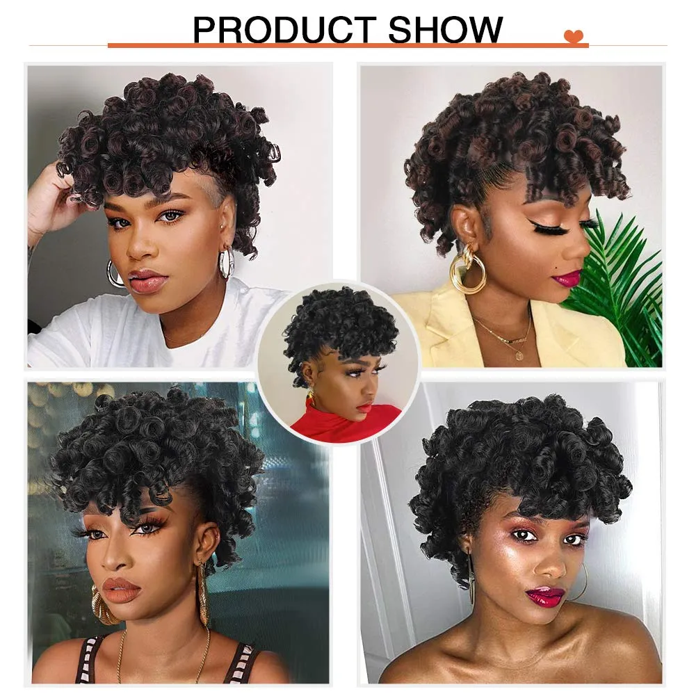 CINHOO Deep Curly Black Mohawk Ponytail Wigs for Black Women,Afro Puff with Bangs Faux Mohawk Hair Piece Black Women Natural Black Clip in Mohawk Hair Wigs for Woman with 6 Clips (1B#)