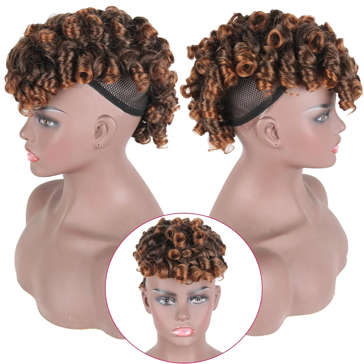 CINHOO Deep Curly Mohawk Ponytail Wig for Black Women,Afro Puff with Bangs Dark Brown Mohawk Wig Faux Synthesis Mohawk Hair Piece Black Women Bun with Bang Ponytail Extension for Black Women(1B/30)