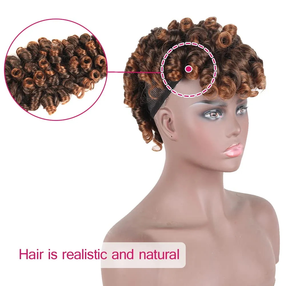 CINHOO Deep Curly Mohawk Ponytail Wig for Black Women,Afro Puff with Bangs Dark Brown Mohawk Wig Faux Synthesis Mohawk Hair Piece Black Women Bun with Bang Ponytail Extension for Black Women(1B/30)